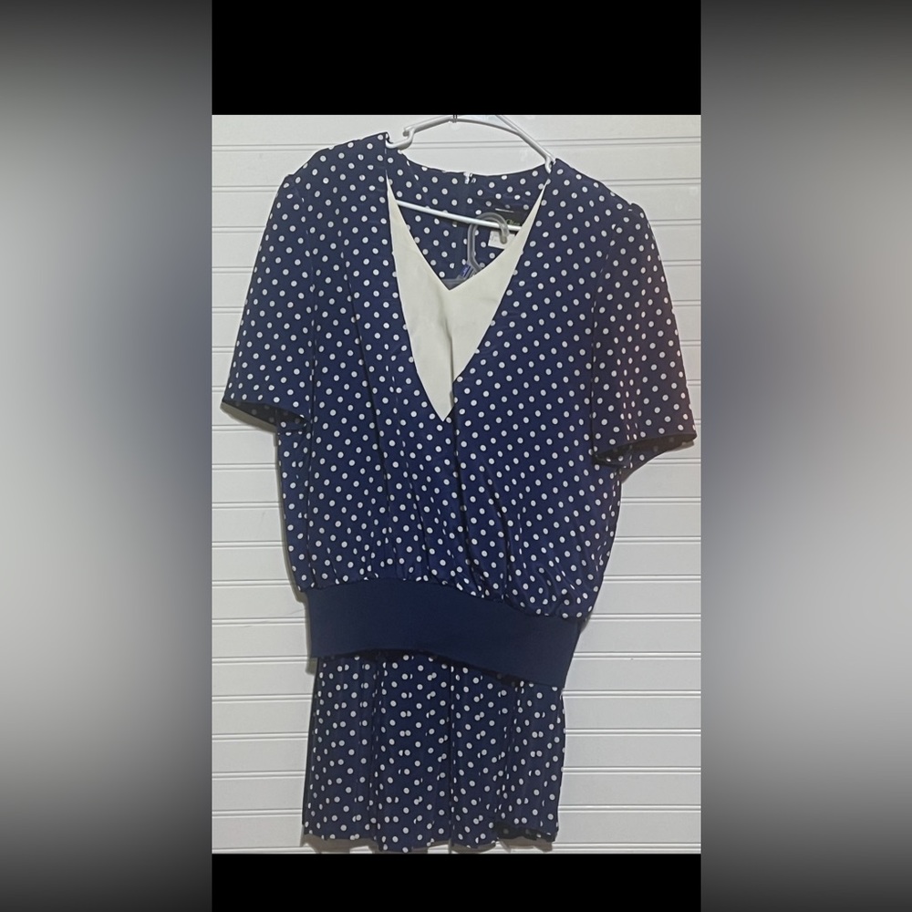Vintage Stuart Alan Blue/White Polka Dot Pleated Skirt 80’s Two Piece Size 14